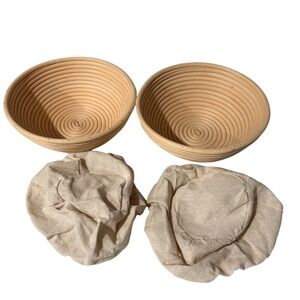 Set‎ of 2 Round Rattan Bread Proofing Banneton Baskets with Linen Liners Natural